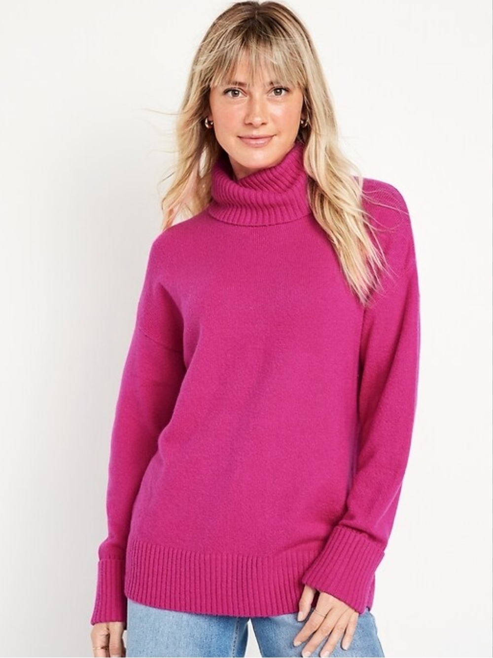 Old Navy Cozy Hot Pink Turtleneck Sweater Oversized Tunic Size Large Petite